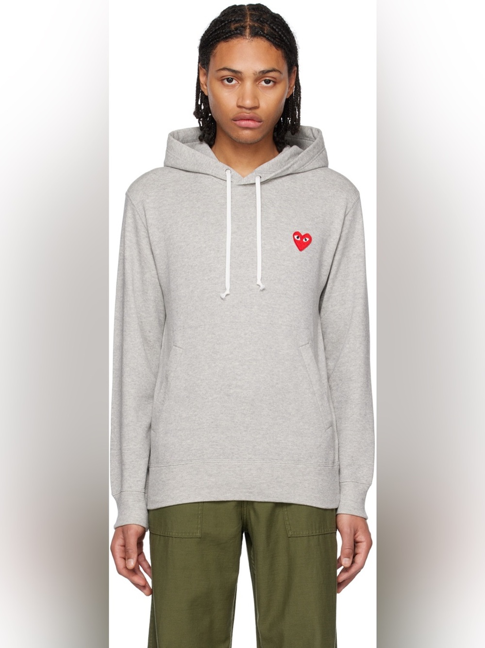 COMME DES GARÇONS PLAY Cotton Grey Embroidered Red Heart White Drawstring Hoodie